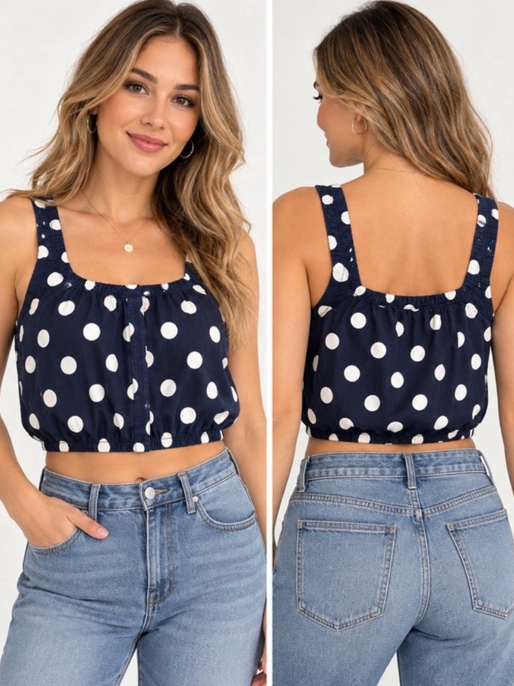 Navy and White Polka Dot Crop Tank